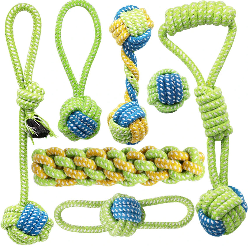 Toy Bag with 7 Green Rope Dog Toys