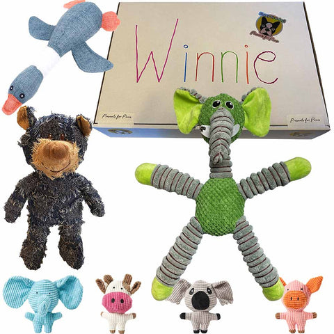 Soft Plush Dog Toy Box with 7 toys - Elephant and Bear